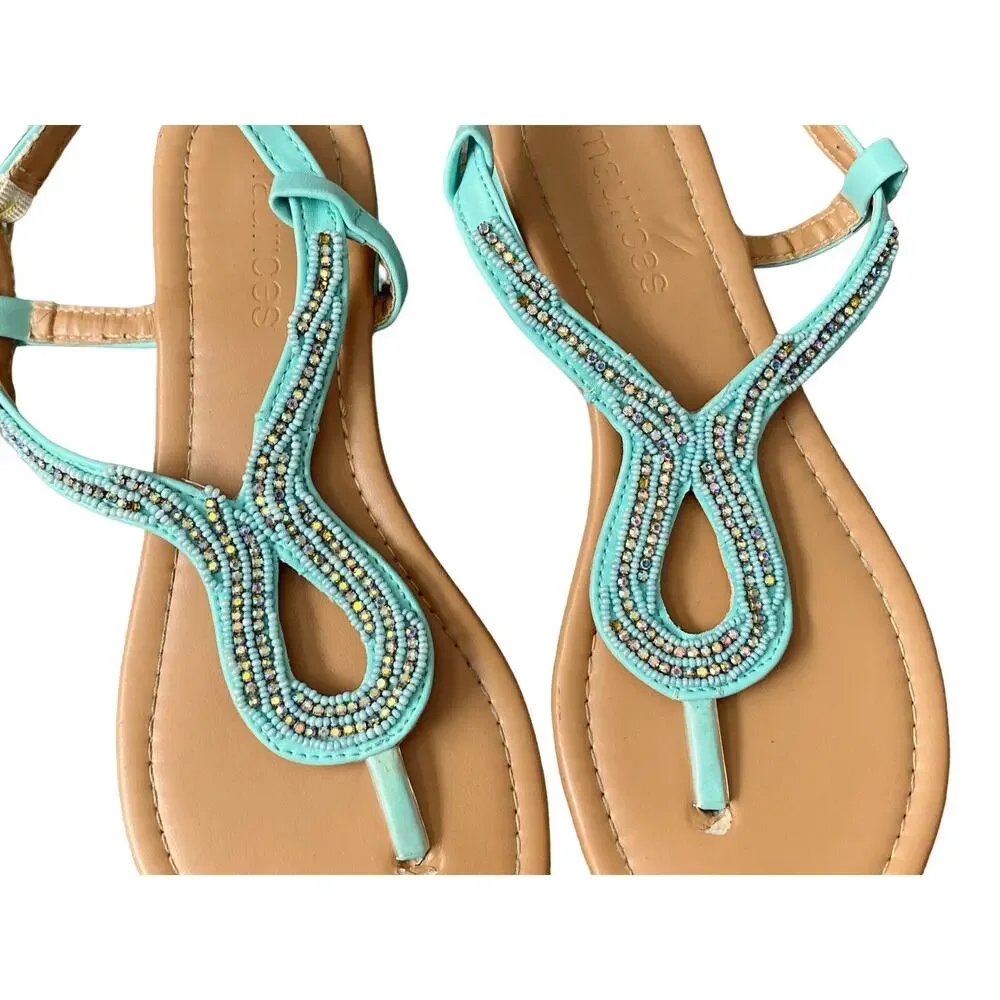 Maurices Sandals Womens Size 7 Sea Green Beaded Thong Ankle Strap Flats Shoes
